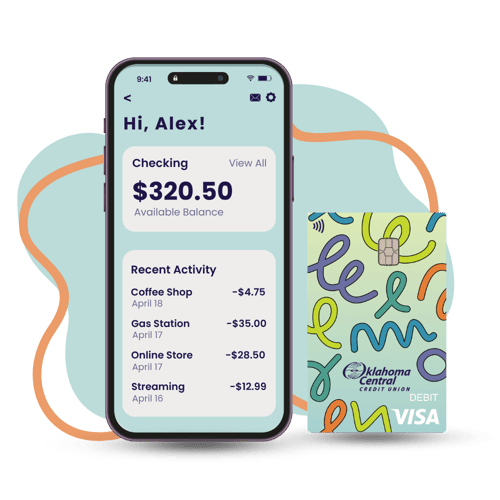 Mobile banking app showing account balance next to a debit card