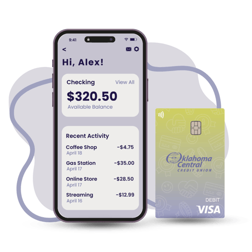Mobile banking app showing account balance next to a debit card