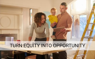 Couple with young child reviewing home renovation plans inside their house, with text overlay reading ‘Turn Equity Into Opportunity,’ promoting home equity loan options.