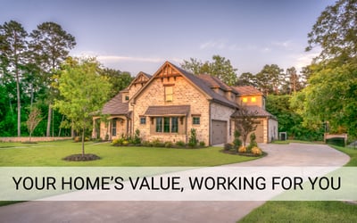 Exterior of a modern brick home with landscaped yard at sunset, with text overlay reading ‘Your Home’s Value, Working for You,’ promoting Tulsa home equity loan options.